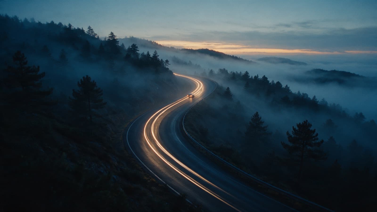 A cinematic winding mountain road at dusk with headlight trails, generated with Morphix