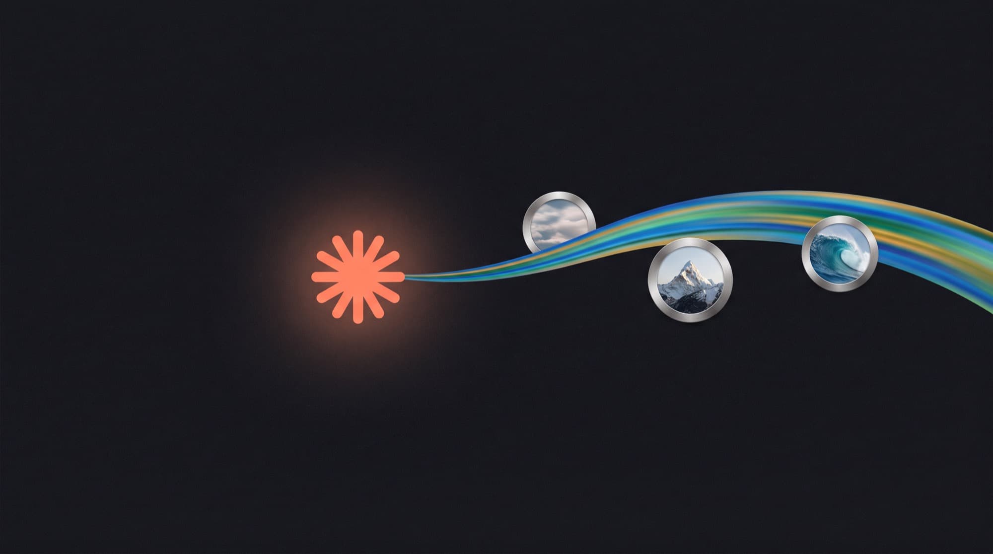 A minimalist illustration of a glowing orange starburst streaming a ribbon of color into framed photos of clouds, a mountain, and a wave, generated with Morphix